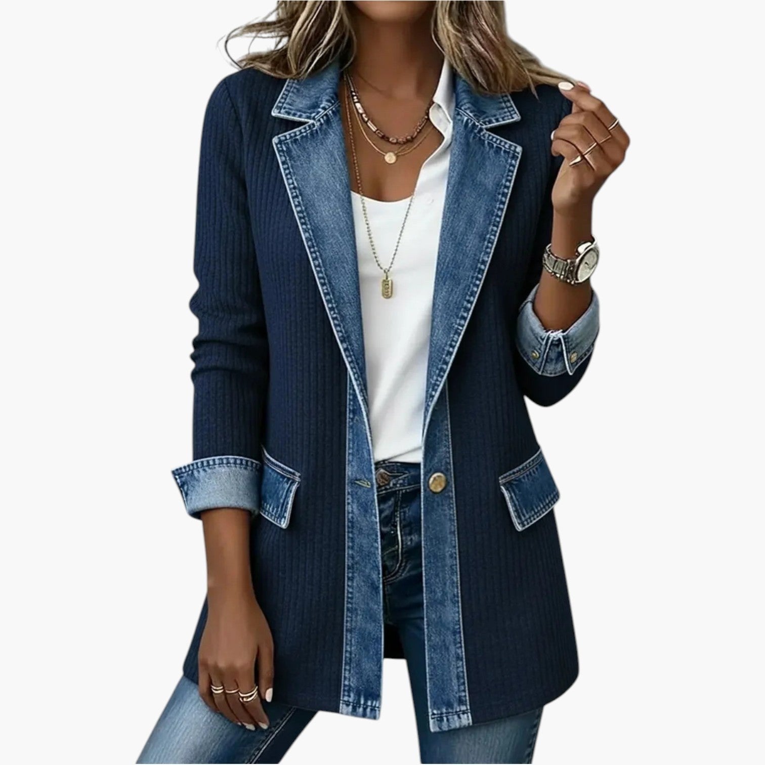 Noelle | Damen Hybrid Strick-Denim-Jacke, entspannte Jacke mit Knopfleiste | Nomadnts | Nomadnts