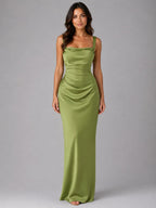 Nora | Damen Satin-Maxikleid mit gerafften Taille, geformtes Abendkleid | Nomadnts | Green