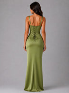 Nora | Damen Satin-Maxikleid mit gerafften Taille, geformtes Abendkleid | Nomadnts | Navy