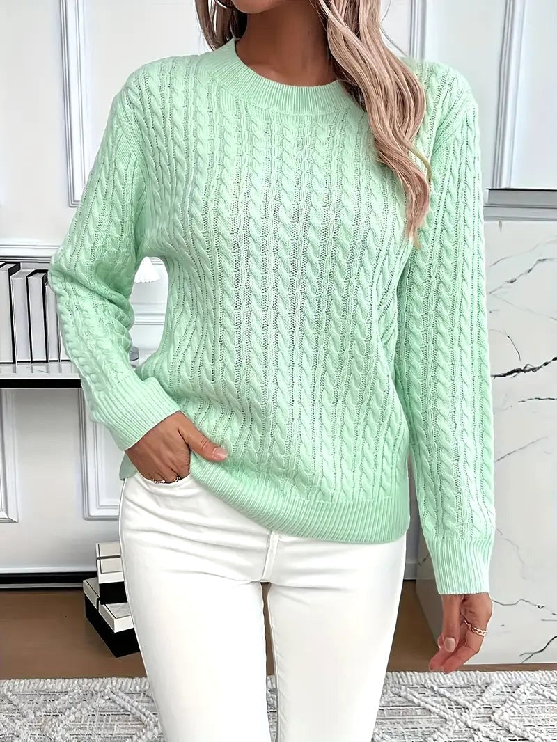 Odile | Damen langärmeliger Zopfmuster-Pullover, strukturierter Herbstpullover | Nomadnts | Light Green