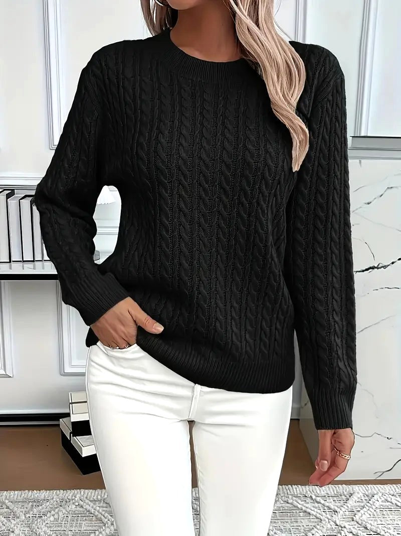 Odile | Damen langärmeliger Zopfmuster-Pullover, strukturierter Herbstpullover | Nomadnts | Black