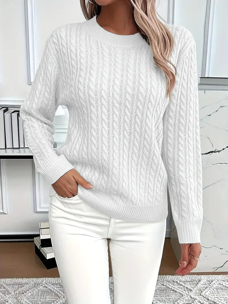Odile | Damen langärmeliger Zopfmuster-Pullover, strukturierter Herbstpullover | Nomadnts | White