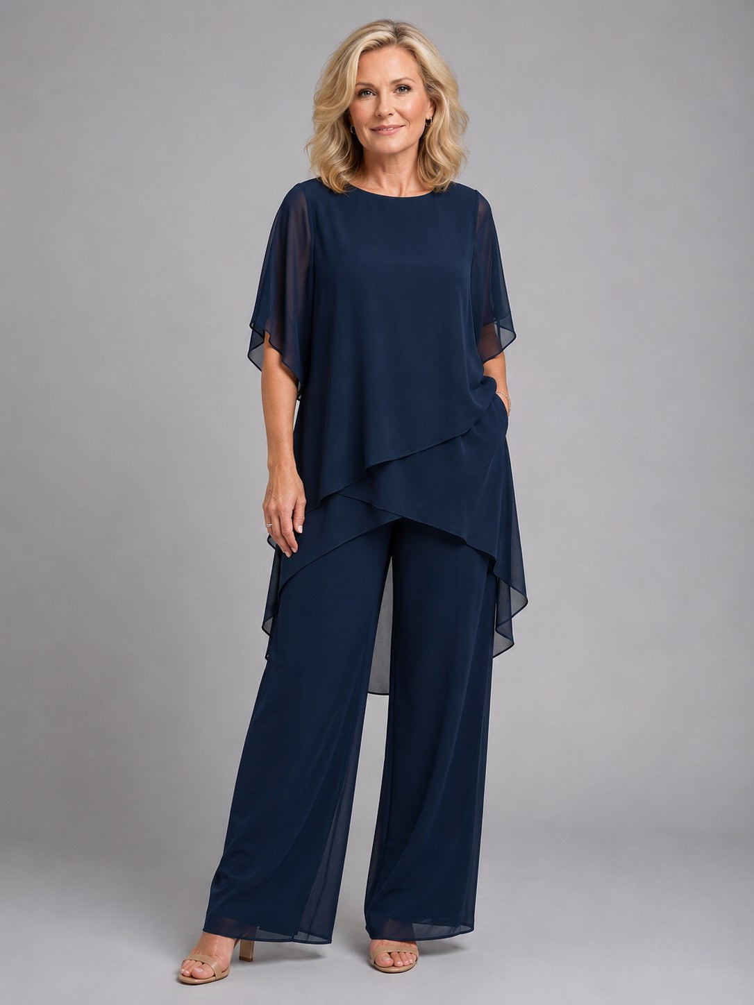 Olive | Damen Chiffon-Zweiteiler, Loungeset mit weit geschnittener Hose | Nomadnts | Navy
