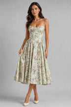 Orla | Damen Blumen-Corset-Midikleid mit Herzausschnitt, Kleid für Hochzeitsgäste | Nomadnts | Green