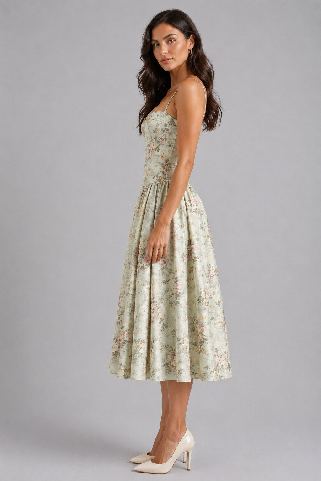 Orla | Damen Blumen-Corset-Midikleid mit Herzausschnitt, Kleid für Hochzeitsgäste | Nomadnts | Cream
