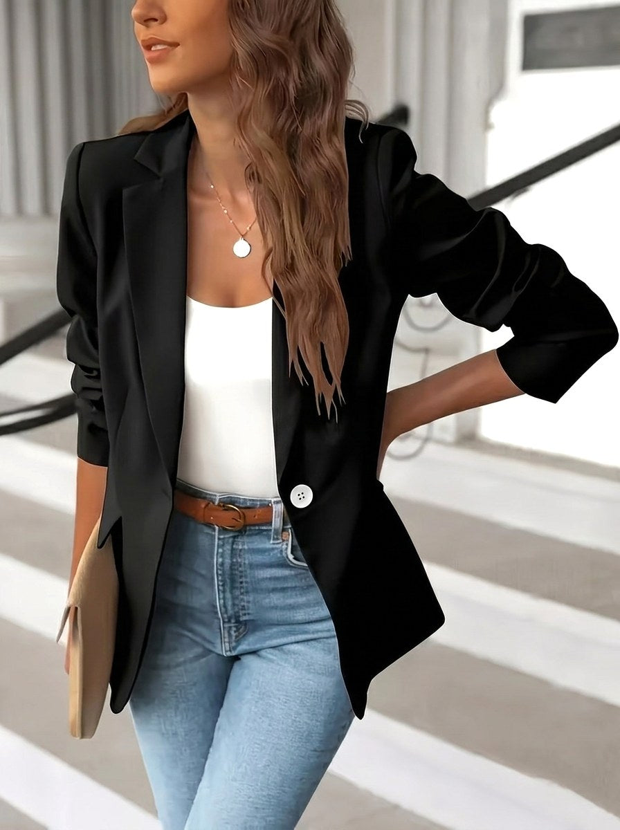Pauline | Damen tailliert geschnittener Blazer mit Reverskragen, Arbeitsblazer mit einem Knopf | Nomadnts | Black
