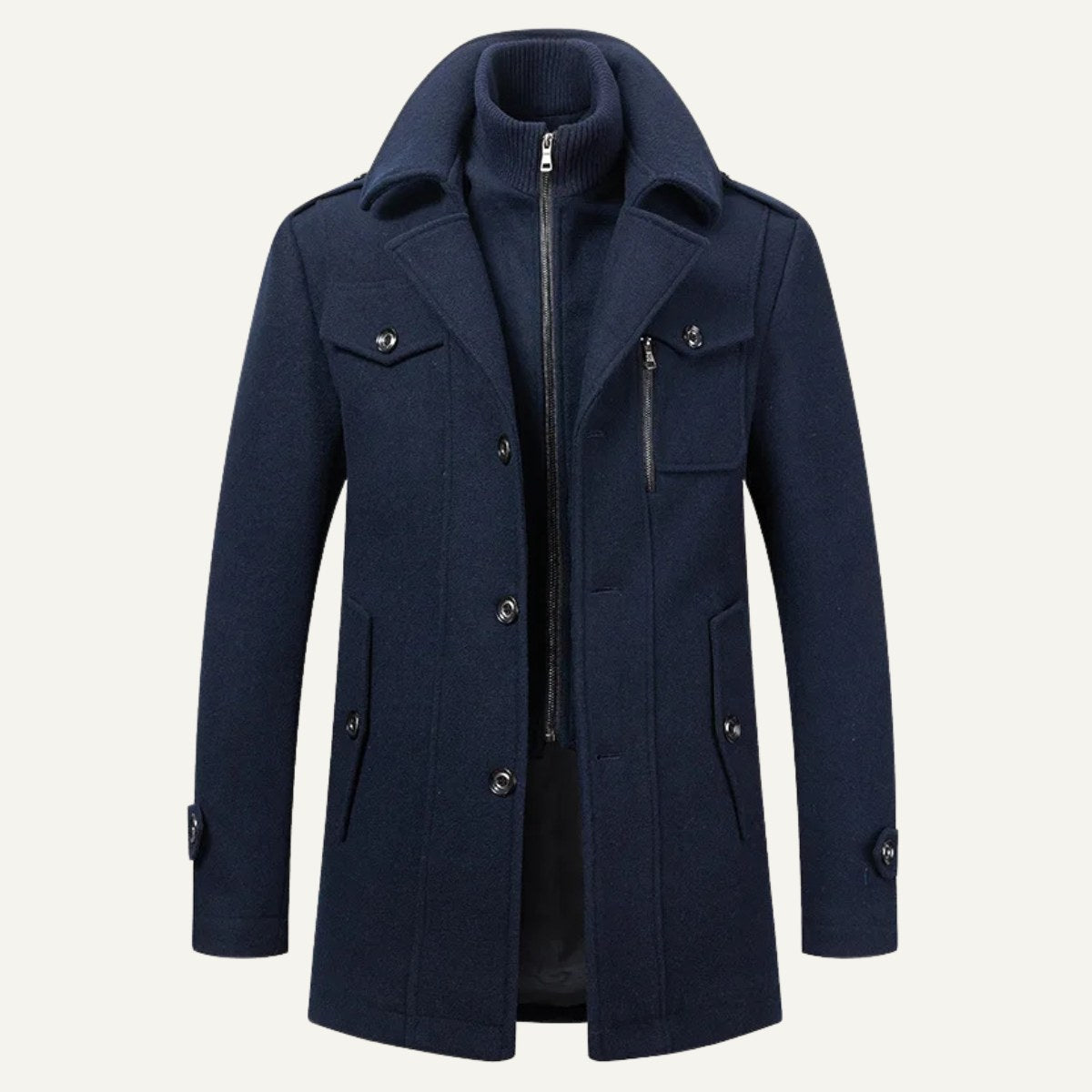 Preston | Herren-Woll-Trenchcoat mit Doppelkragen, taillierter Business-Mantel | Nomadnts | Marineblau