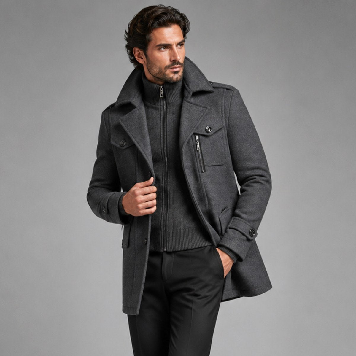 Preston | Herren-Woll-Trenchcoat mit Doppelkragen, taillierter Business-Mantel | Nomadnts