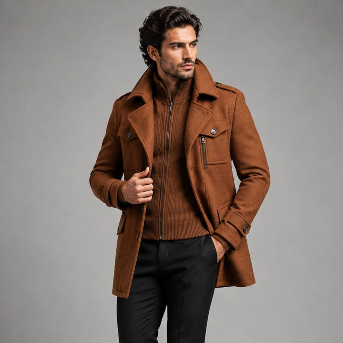 Preston | Herren-Woll-Trenchcoat mit Doppelkragen, taillierter Business-Mantel | Nomadnts