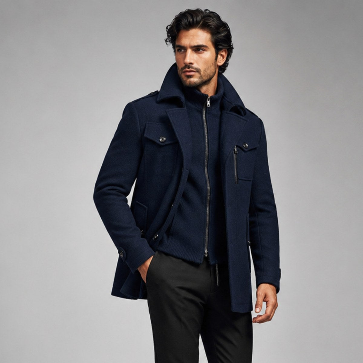 Preston | Herren-Woll-Trenchcoat mit Doppelkragen, taillierter Business-Mantel | Nomadnts | Schwarz