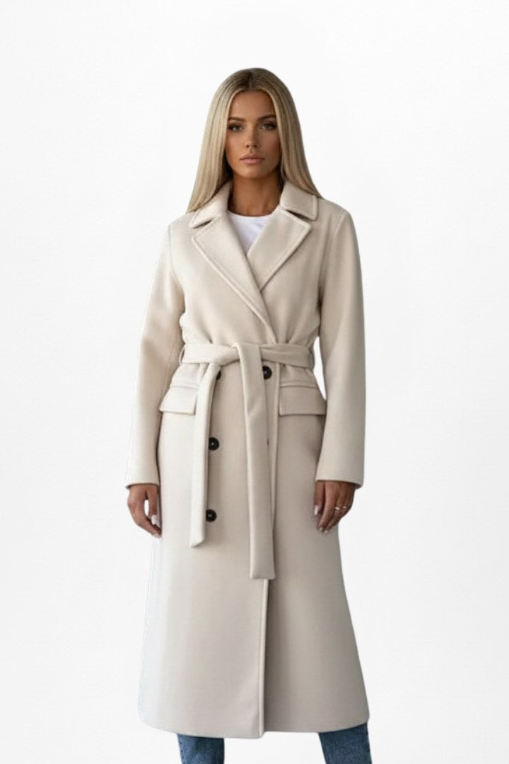 Roseline | Damen zweireihiger langer Mantel, tailliert geschnittener Herbstmantel | Nomadnts | Beige