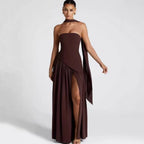 Sabine | Damen trägerloses Maxikleid mit Beinschlitz, formelles Kleid für Hochzeitsgäste | Nomadnts | Red