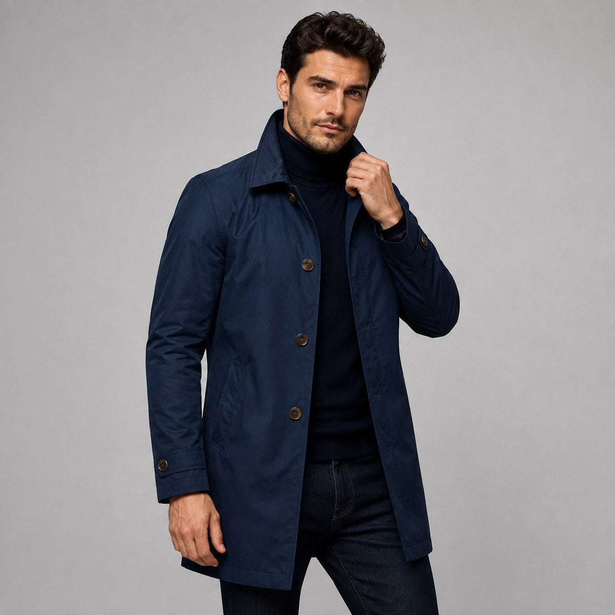 Scott | Taillierter Longline-Mantel für Herren, Mantel mit Knopfleiste | Nomadnts | Marineblau