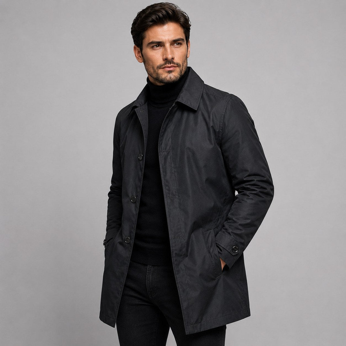 Scott | Taillierter Longline-Mantel für Herren, Mantel mit Knopfleiste | Nomadnts | Schwarz