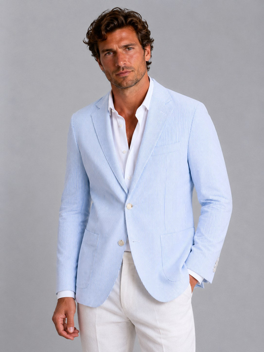 Shaun | Herren gestreifter, tailliert geschnittener Blazer, leichte Anzugjacke | Nomadnts | Light Blue