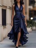 Solange | Damen Wickel-Maxikleid mit Halsband, asymmetrisches Abendkleid | Nomadnts | Champagne