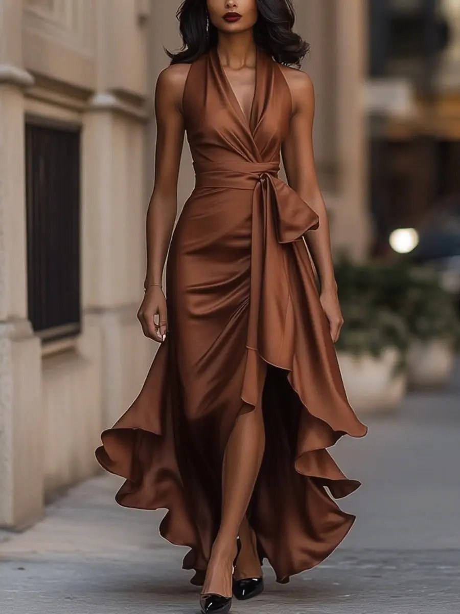 Solange | Damen Wickel-Maxikleid mit Halsband, asymmetrisches Abendkleid | Nomadnts | Nomadnts