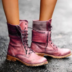Sophie | Damen Schnürstiefelette in Altrosa, Vintage Kurzstiefel mit Blockabsatz | Nomad NTS | Karminrot