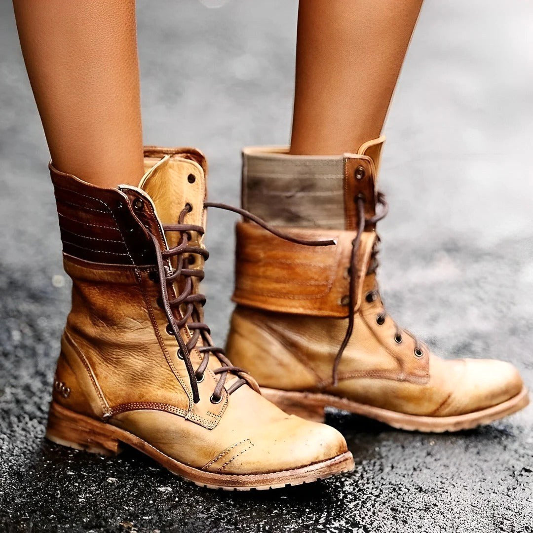 Sophie | Damen Schnürstiefelette in Altrosa, Vintage Kurzstiefel mit Blockabsatz | Nomad NTS | Khaki