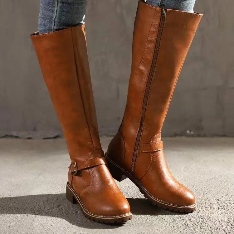 Sylvia | Damen orthopädische kniehohe Lederstiefel, Herbststiefel mit Blockabsatz | Nomadnts | Light Brown