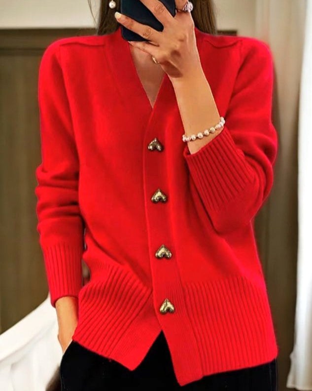 Sylvie | Damen Cardigan mit V-Ausschnitt und Knopfleiste, langärmeliger gerippter Strick-Cardigan | Nomadnts | Red