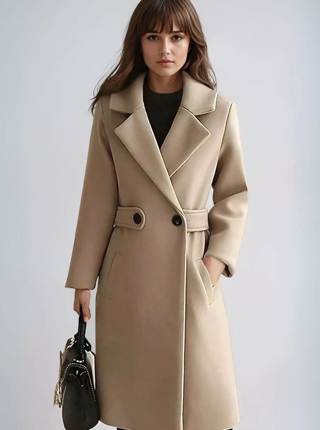 Theresa | Damen Longline Mantel mit Gürtel und Kerb-Revers, Tailierter Herbst-Mantel | Nomad NTS | Camel