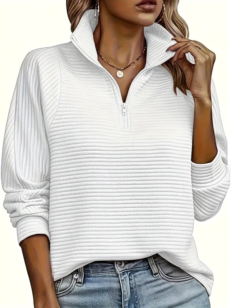 Therese | Damen Pullover mit Halb-Reißverschluss und Trichterkragen, Strickpullover mit fallender Schulter | Nomadnts | White