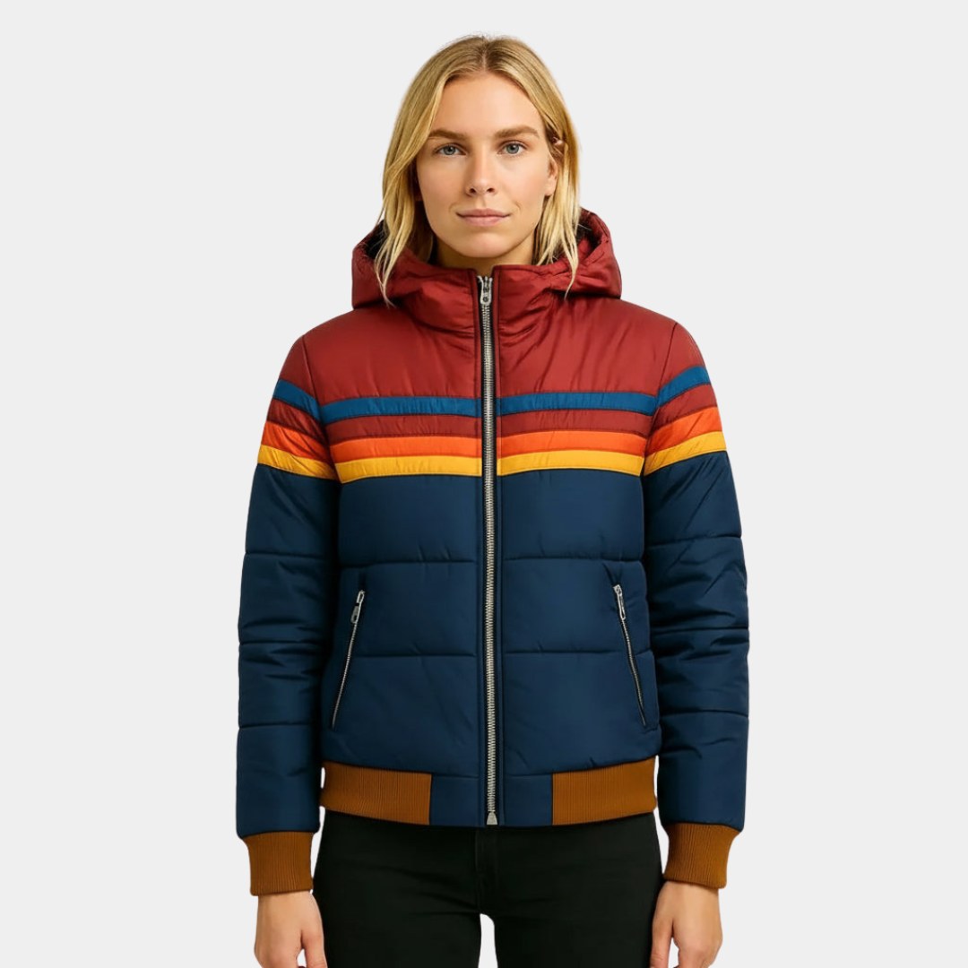 Veronique | Damen Retro-Daunenjacke mit Kapuze, gestreifter, gepolsterter Herbstmantel | Nomadnts | Navy blue