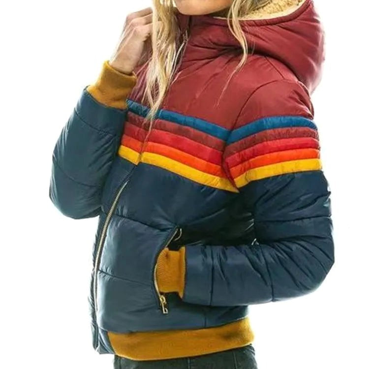 Veronique | Damen Retro-Daunenjacke mit Kapuze, gestreifter, gepolsterter Herbstmantel | Nomadnts | Turquoise