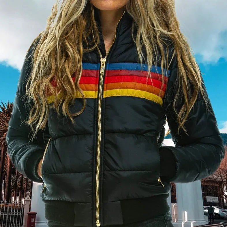 Veronique | Damen Retro-Daunenjacke mit Kapuze, gestreifter, gepolsterter Herbstmantel | Nomadnts | Nomadnts