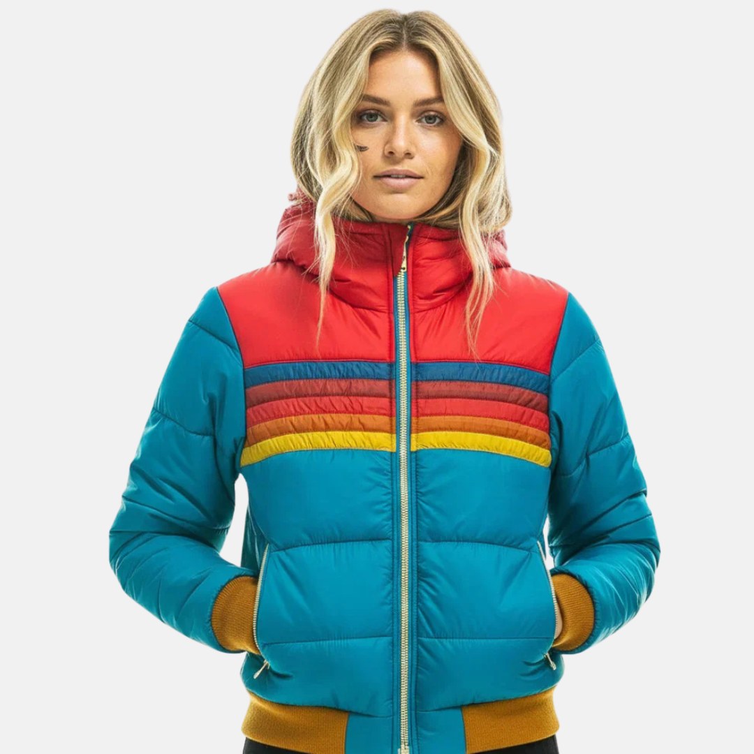 Veronique | Damen Retro-Daunenjacke mit Kapuze, gestreifter, gepolsterter Herbstmantel | Nomadnts | Nomadnts
