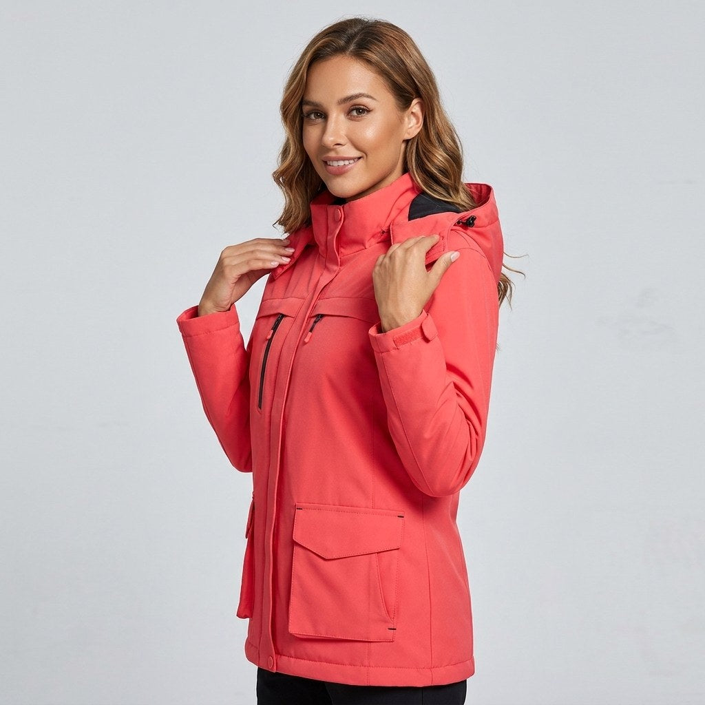 Victoire | Damen beheizte Jacke mit Kapuze und USB-Anschluss, Jacke mit verstellbarer Temperatur | Nomadnts | Coral Red