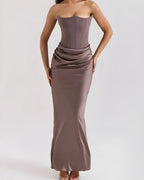 Viviane | Damen trägerloses drapiertes Maxikleid, Abendkleid mit Corset-Oberteil | Nomadnts | Brown