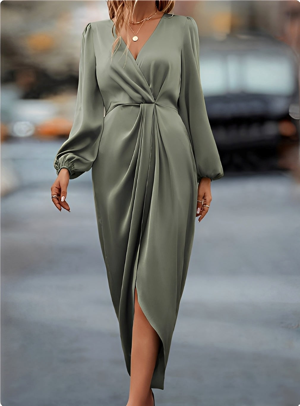 Weronika | Damen Satin-Wickelkleid mit langen Ärmeln, elegantes Abendkleid | Nomadnts | Nomadnts