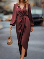 Weronika | Damen Satin-Wickelkleid mit langen Ärmeln, elegantes Abendkleid | Nomadnts | Nomadnts