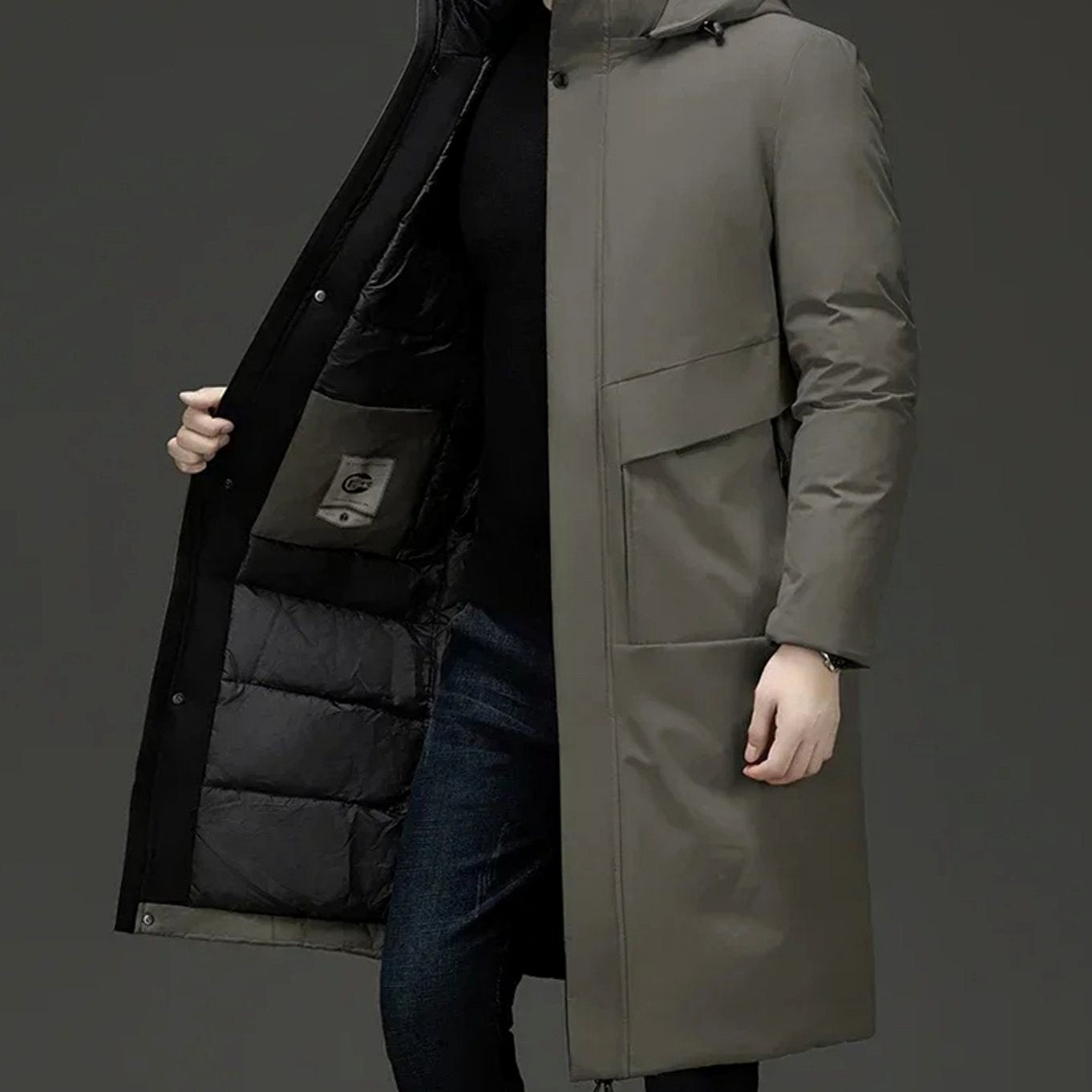 Wilhelm | Herrenmäntel mit Kapuze und Steppfutter, Langer Wintermantel für Herren | Nomad NTS | Grey