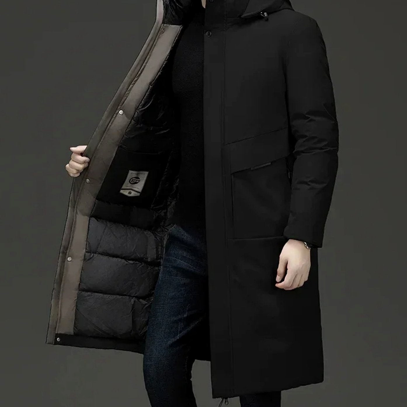 Wilhelm | Herrenmäntel mit Kapuze und Steppfutter, Langer Wintermantel für Herren | Nomad NTS | Black