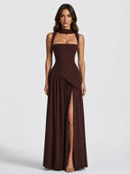 Willow | Damen geformtes Maxikleid mit Satin-Gefühl, drapiertes Abendkleid | Nomadnts | Brown