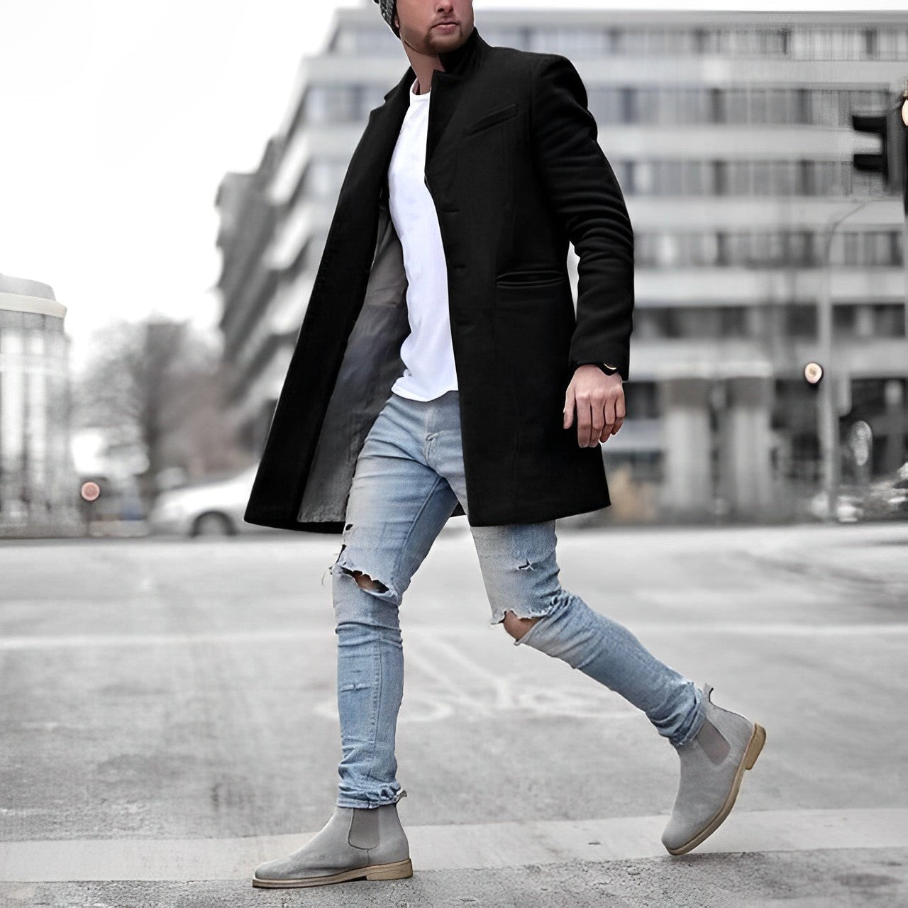Zachary | Herren schmal geschnittener Übermantel, einreihig tailliert geschnittener Mantel | Nomadnts | Black