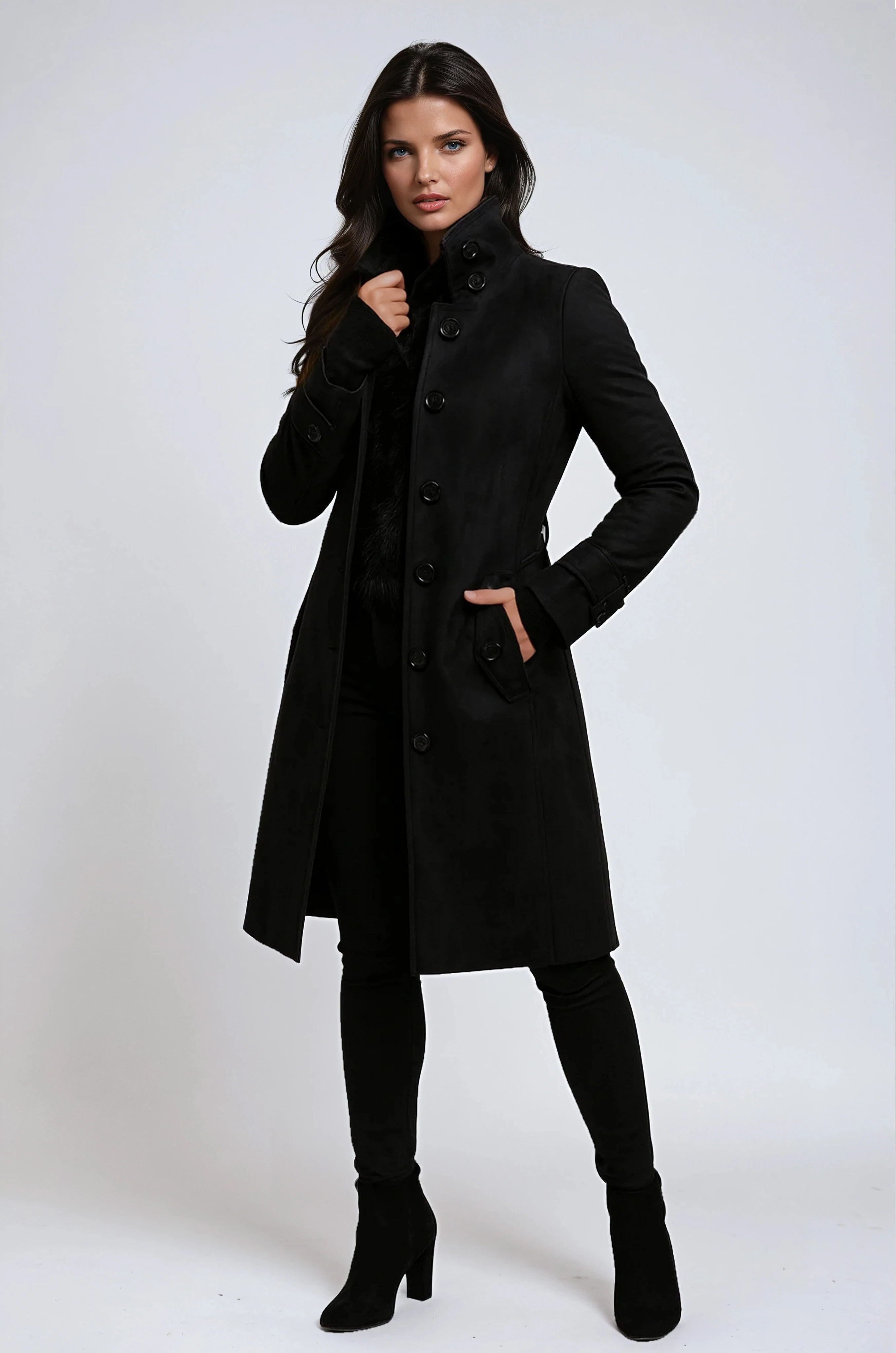 Zofia | Damen Trenchcoat mit hohem Kragen, langer tailliert geschnittener Wintermantel | Nomadnts | Nomadnts